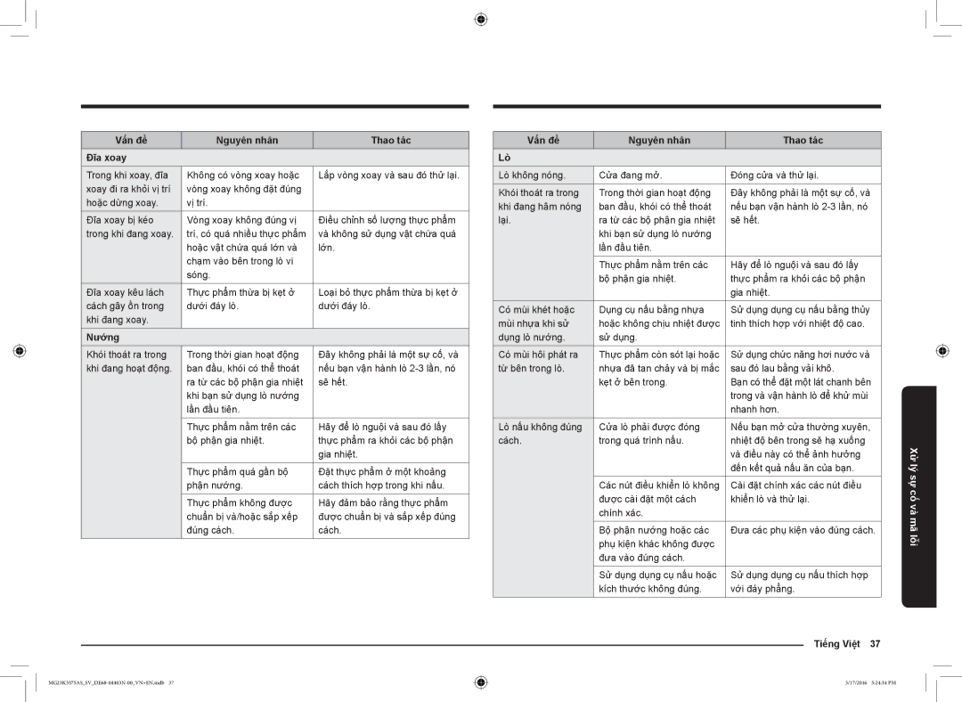 Samsung MG23K3575AS/SV manual Vấn đề Nguyên nhân Thao tác Đĩa xoay, Nướng Vấn đề Nguyên nhân Thao tác, Tiếng Việt 37 