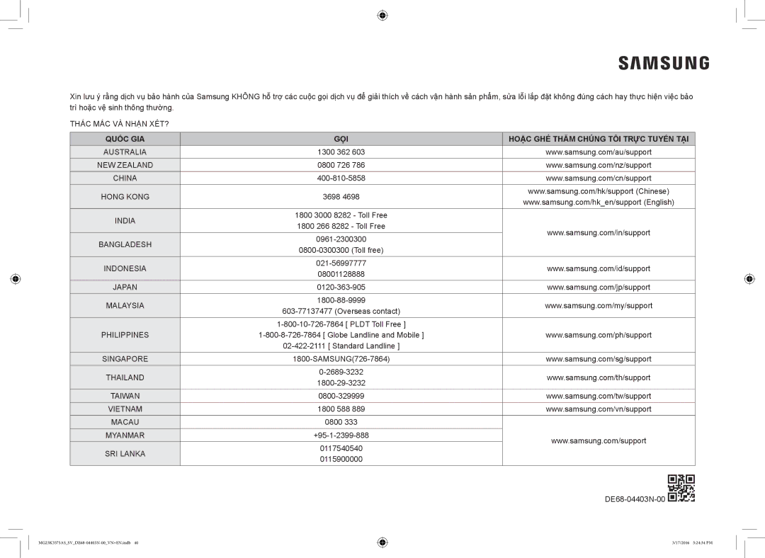 Samsung MG23K3575AS/SV manual Quốc GIA GỌI Hoặc GHÉ Thăm Chúng TÔI Trực Tuyến TẠI 