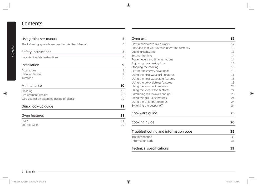 Samsung MG23K3575AS/SV manual Contents 