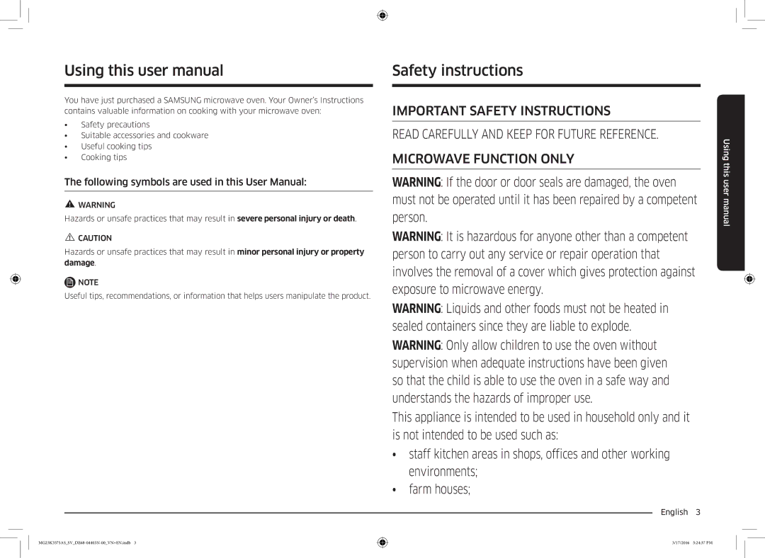 Samsung MG23K3575AS/SV manual Safety instructions 