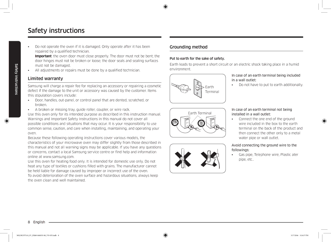 Samsung MG23K3575AS/SV manual Grounding method, Limited warranty 
