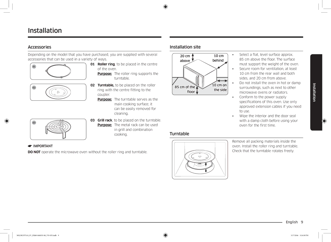 Samsung MG23K3575AS/SV manual Accessories, Installation site, Turntable 