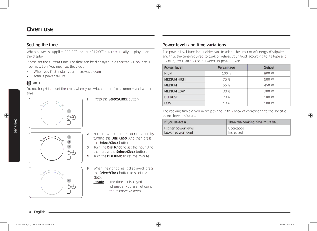 Samsung MG23K3575AS/SV manual Setting the time, Power levels and time variations 