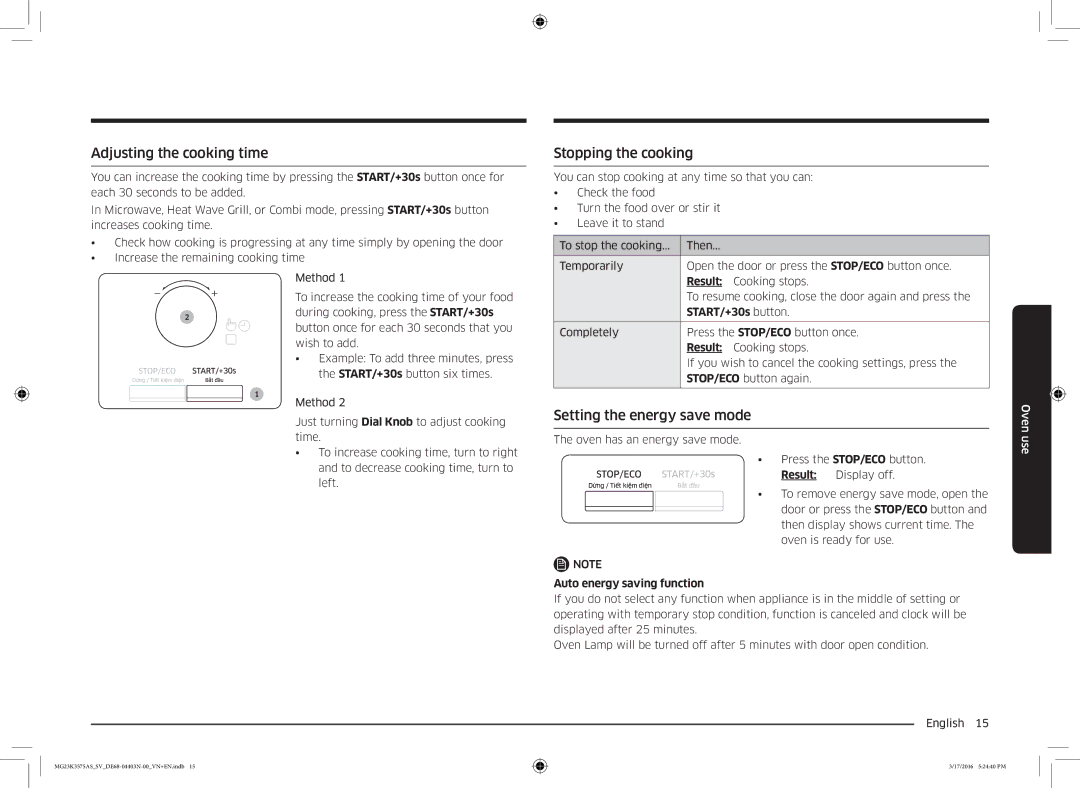 Samsung MG23K3575AS/SV manual Adjusting the cooking time, Stopping the cooking, Setting the energy save mode 