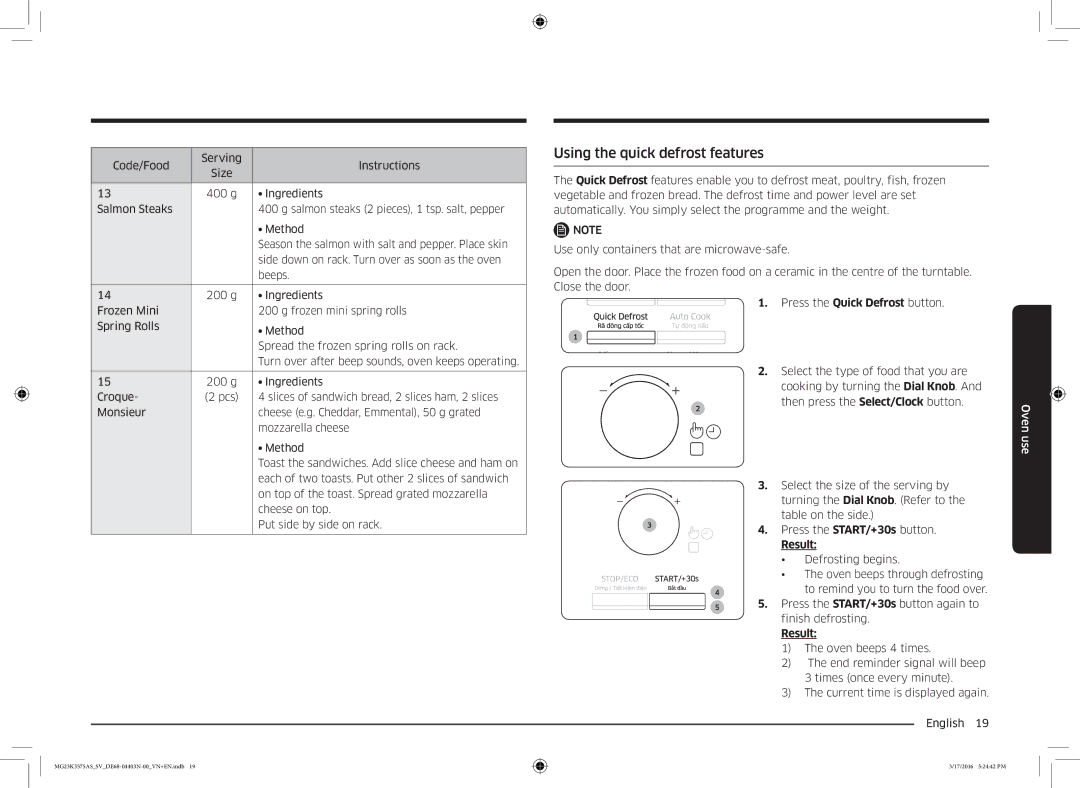 Samsung MG23K3575AS/SV manual Using the quick defrost features, Press the Quick Defrost button 