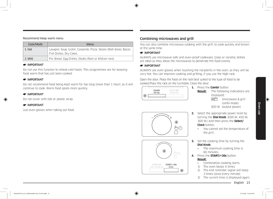 Samsung MG23K3575AS/SV manual Combining microwaves and grill 