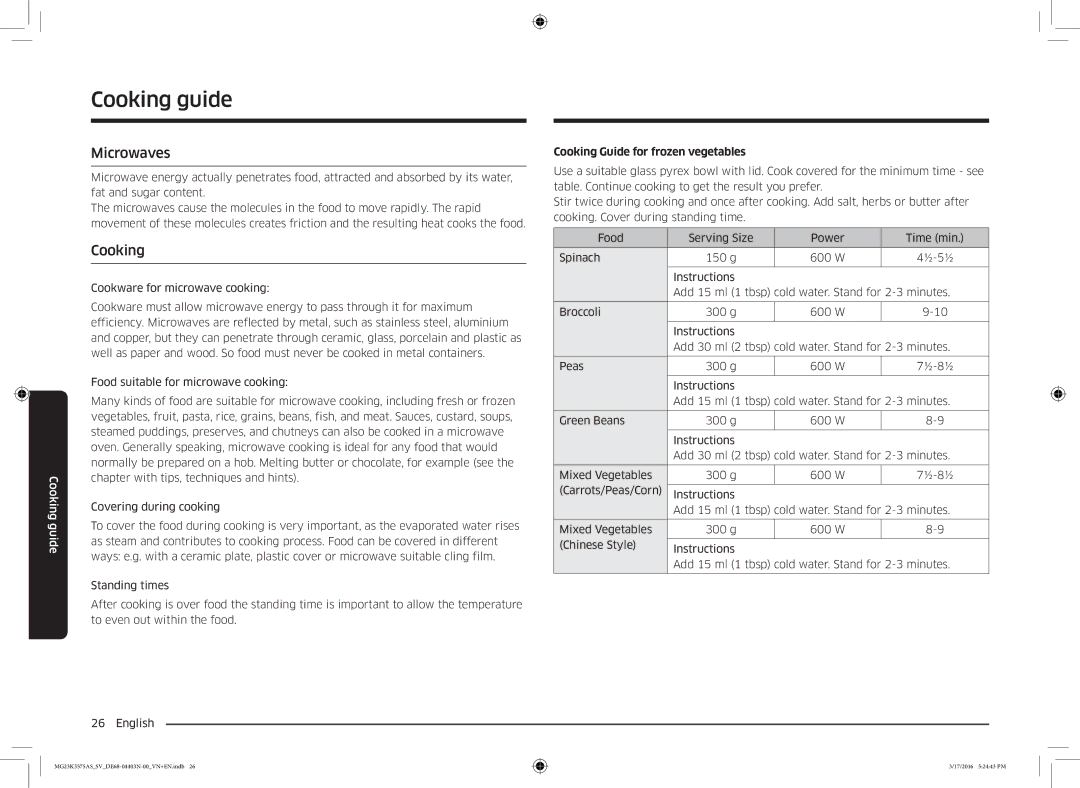 Samsung MG23K3575AS/SV manual Cooking guide, Microwaves, Cooking Guide for frozen vegetables 