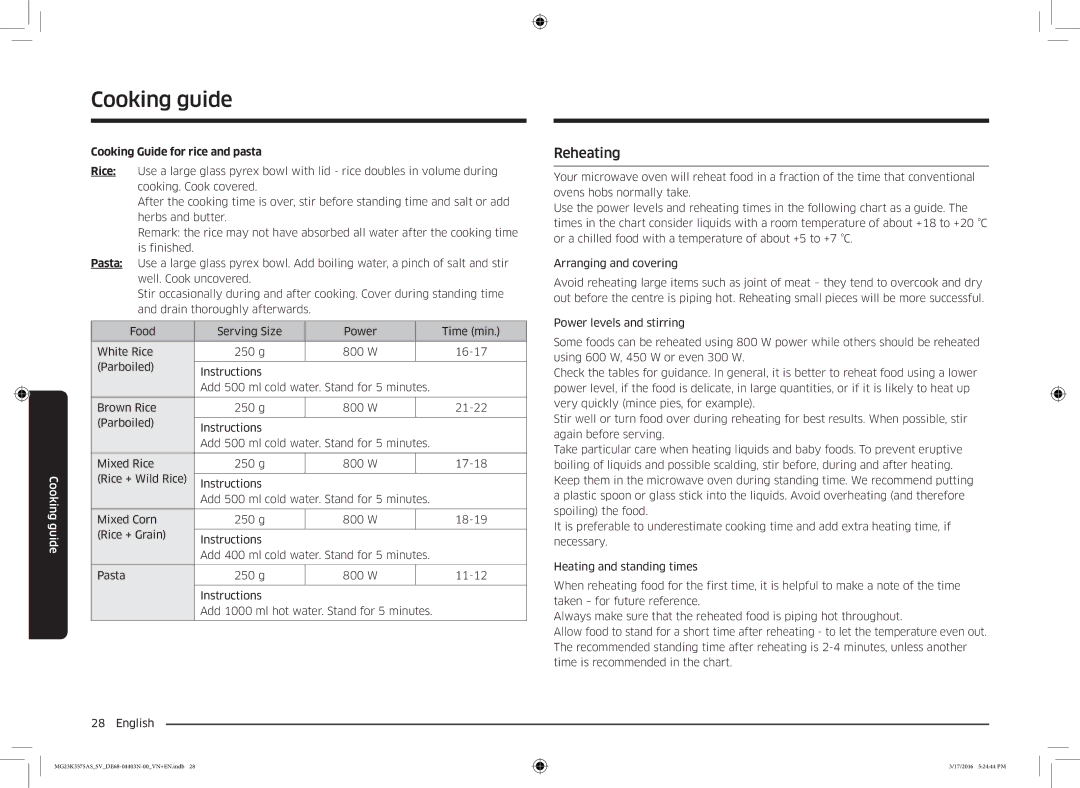 Samsung MG23K3575AS/SV manual Reheating, Cooking Guide for rice and pasta 