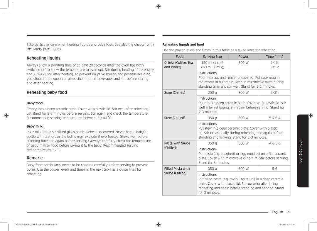 Samsung MG23K3575AS/SV manual Reheating liquids, Reheating baby food, Remark 