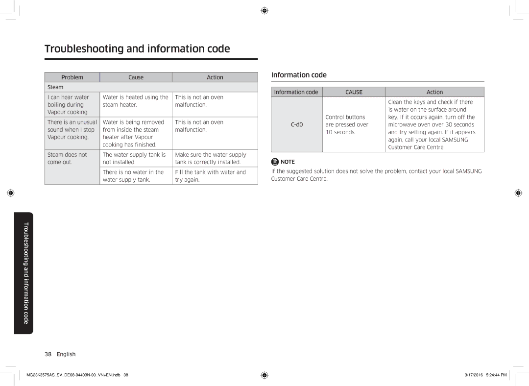 Samsung MG23K3575AS/SV manual Information code, Cause 