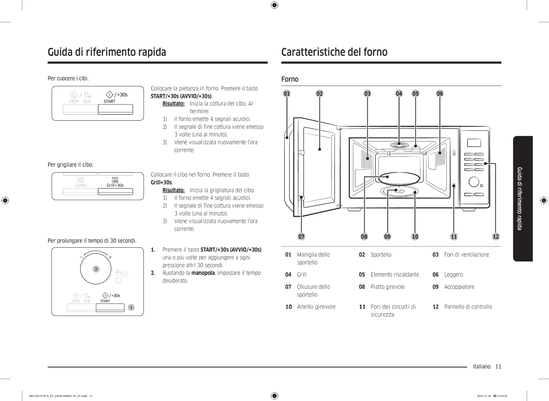 Samsung MG23K3575CS/ET, MG23K3575CK/ET manual Guida di riferimento rapida Caratteristiche del forno, Forno 