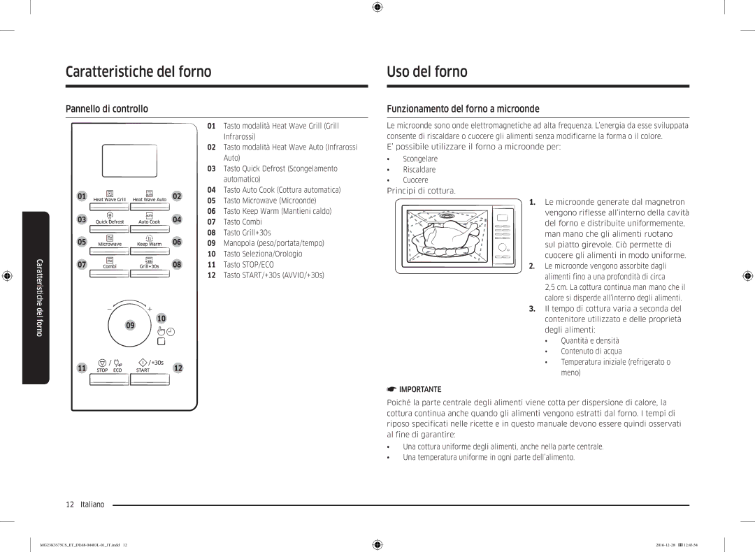 Samsung MG23K3575CK/ET, MG23K3575CS/ET manual Uso del forno, Pannello di controllo, Funzionamento del forno a microonde 