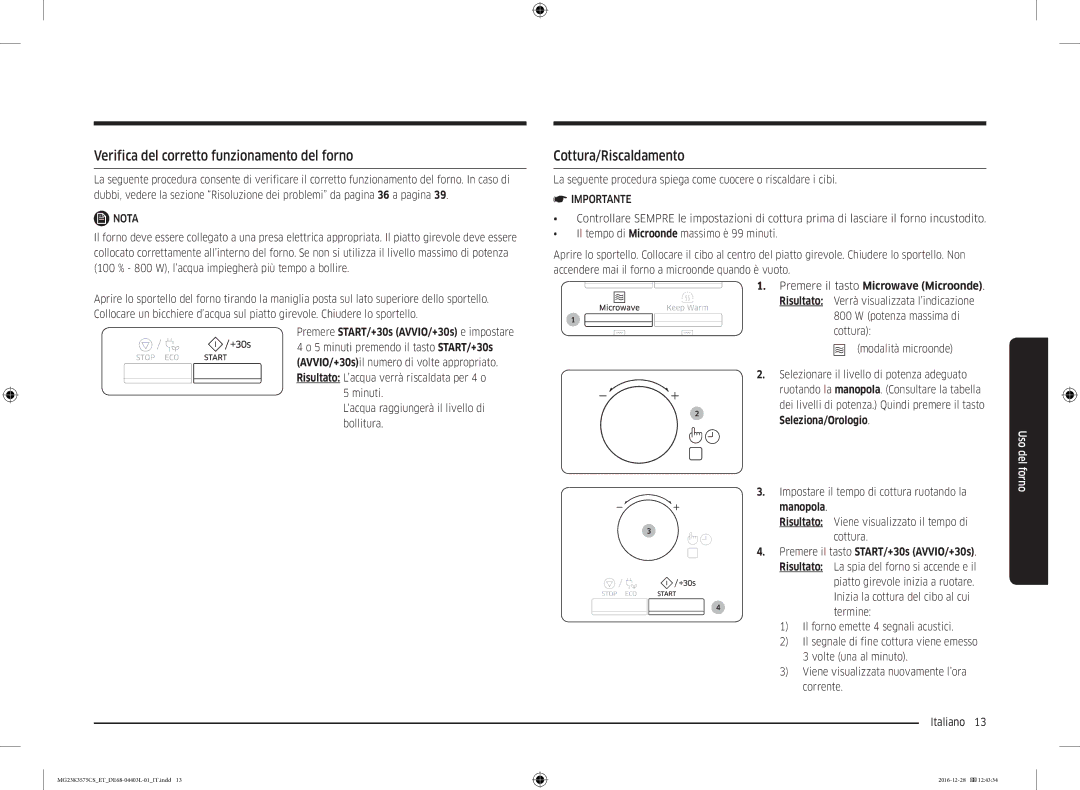 Samsung MG23K3575CS/ET Verifica del corretto funzionamento del forno, Cottura/Riscaldamento, Seleziona/Orologio, Manopola 