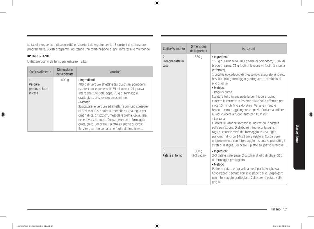 Samsung MG23K3575CS/ET manual Di 3~5 mm. Distribuire le rondelle su una teglia per, Codice/Alimento Dimensione Istruzioni 