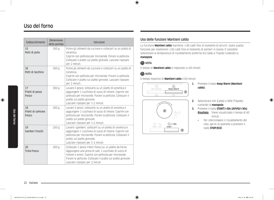 Samsung MG23K3575CK/ET, MG23K3575CS/ET manual Uso delle funzioni Mantieni caldo 