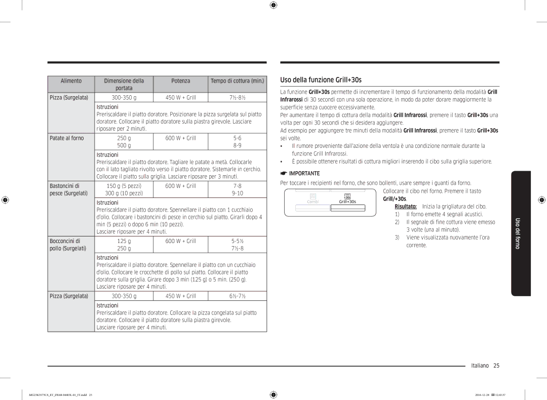 Samsung MG23K3575CS/ET, MG23K3575CK/ET manual Uso della funzione Grill+30s, Grill/+30s 
