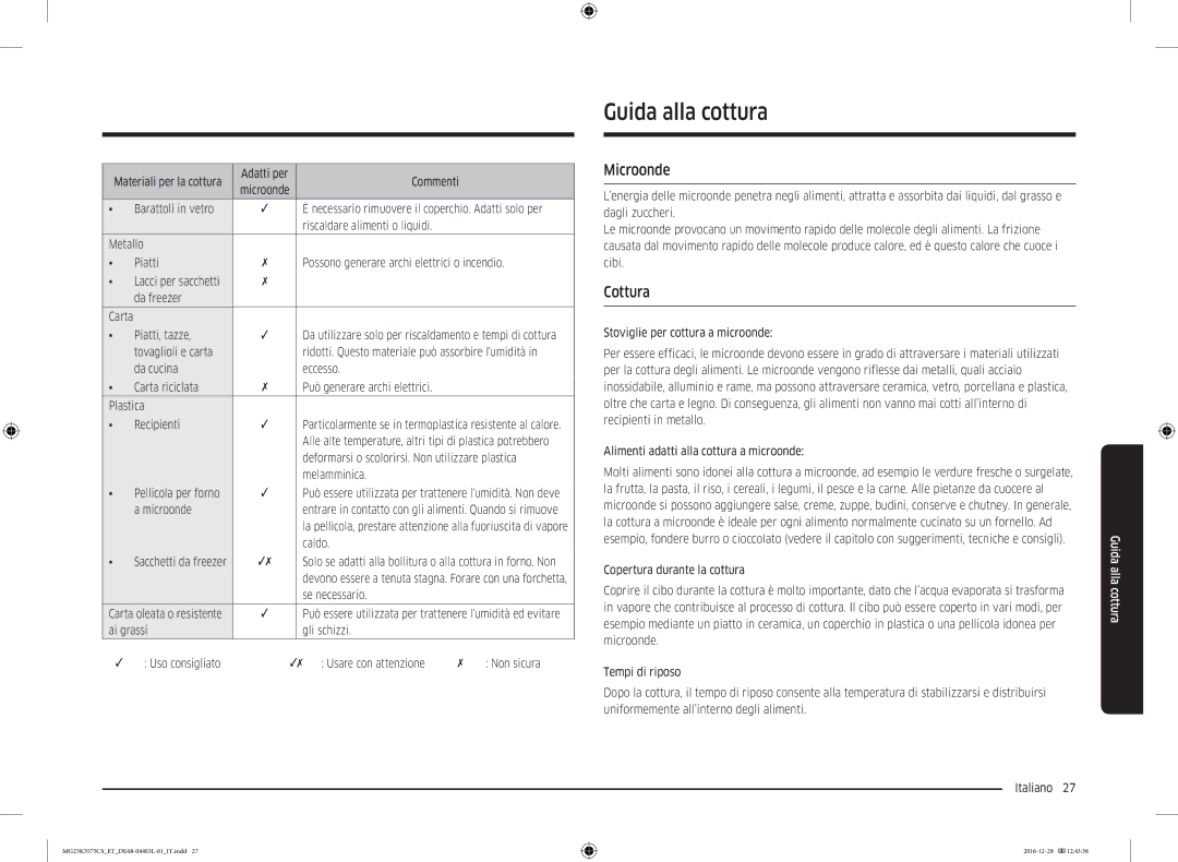 Samsung MG23K3575CS/ET, MG23K3575CK/ET manual Guida alla cottura, Microonde, Cottura 