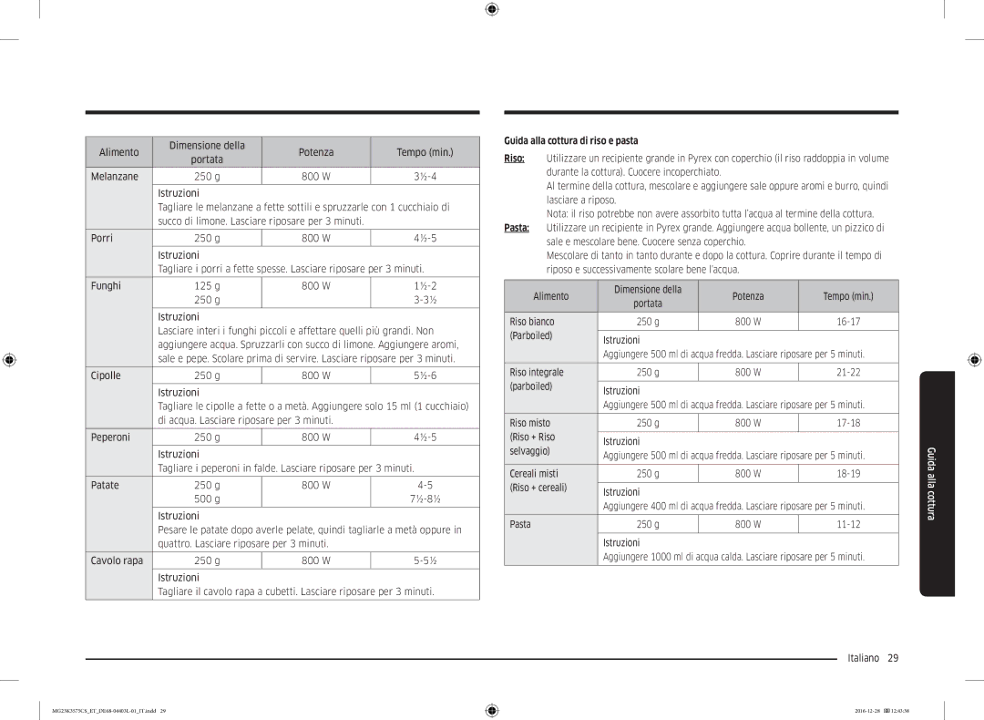 Samsung MG23K3575CS/ET, MG23K3575CK/ET manual Guida alla cottura di riso e pasta 