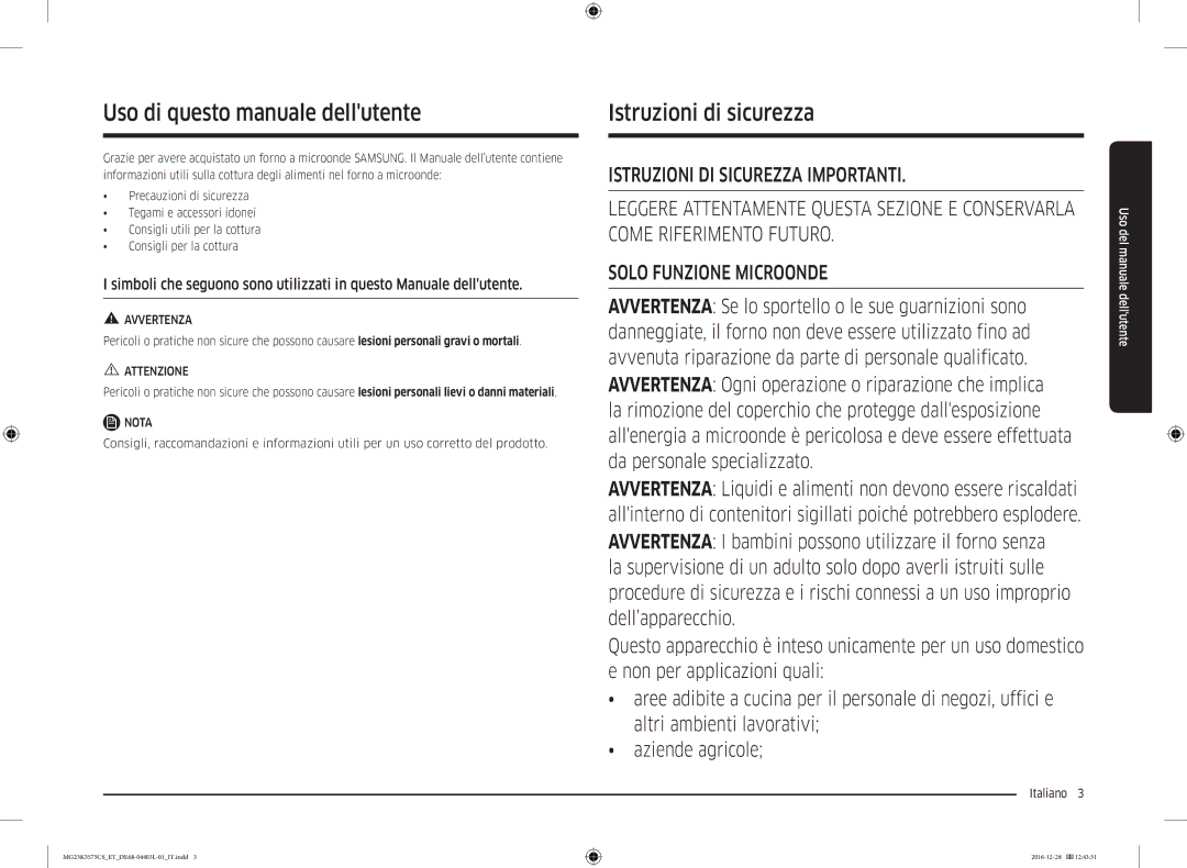 Samsung MG23K3575CS/ET, MG23K3575CK/ET Uso di questo manuale dellutente, Istruzioni di sicurezza, Italiano  