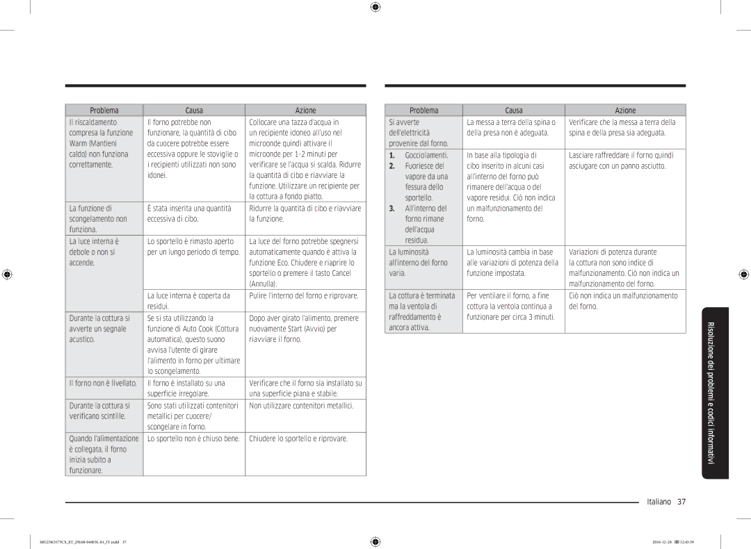 Samsung MG23K3575CS/ET manual Idonei La quantità di cibo e riavviare la, Debole o non si, Accende, Avverte un segnale 