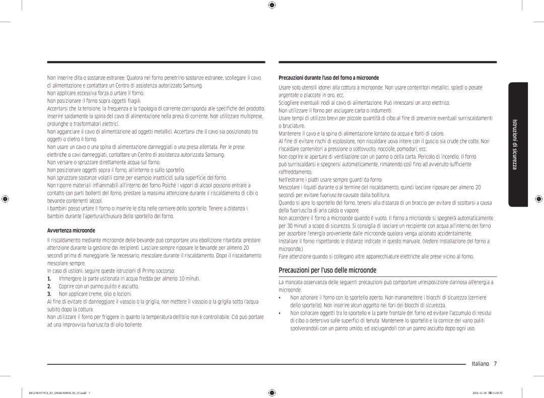 Samsung MG23K3575CS/ET, MG23K3575CK/ET manual Precauzioni per luso delle microonde, Avvertenza microonde 