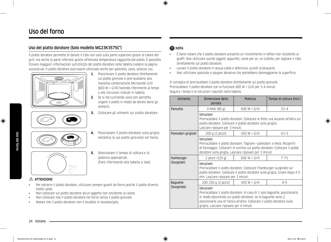 Samsung MG23K3575CK/ET manual Uso del forno, Uso del piatto doratore Solo modello MG23K3575C, portata, 3½-4, 4½-5, 7-7½ 