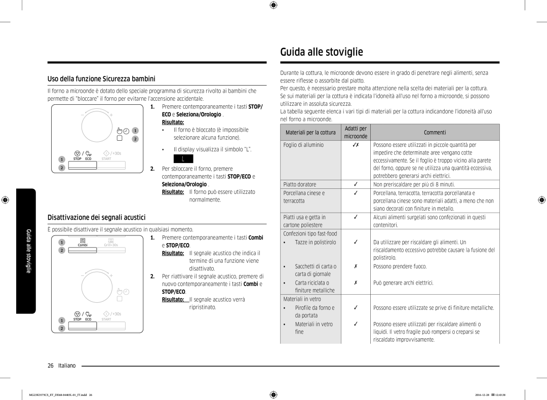 Samsung MG23K3575CK/ET Guida alle stoviglie, Uso della funzione Sicurezza bambini, Disattivazione dei segnali acustici 