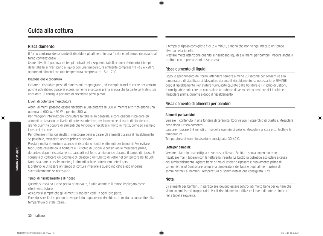 Samsung MG23K3575CK/ET manual Guida alla cottura, Riscaldamento di liquidi, Riscaldamento di alimenti per bambini, Nota 