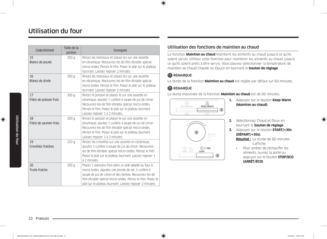 Samsung MG23K3585AS/SW manual Utilisation des fonctions de maintien au chaud, Maintien au chaud 