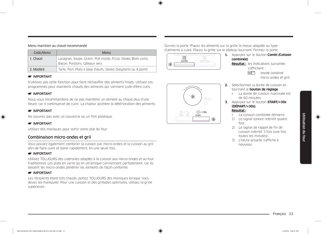Samsung MG23K3585AS/SW manual Combinaison micro-ondes et gril, Combinée 