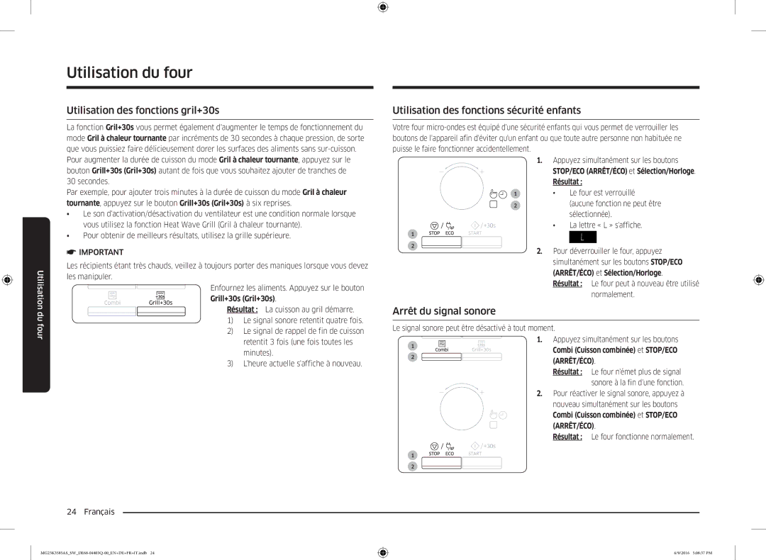 Samsung MG23K3585AS/SW Utilisation des fonctions gril+30s, Utilisation des fonctions sécurité enfants, Grill+30s Gril+30s 