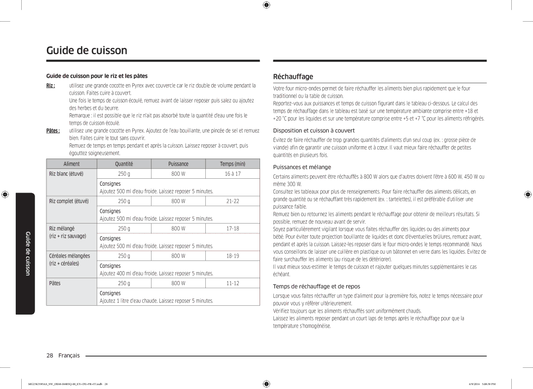 Samsung MG23K3585AS/SW manual Réchauffage, Guide de cuisson pour le riz et les pâtes 