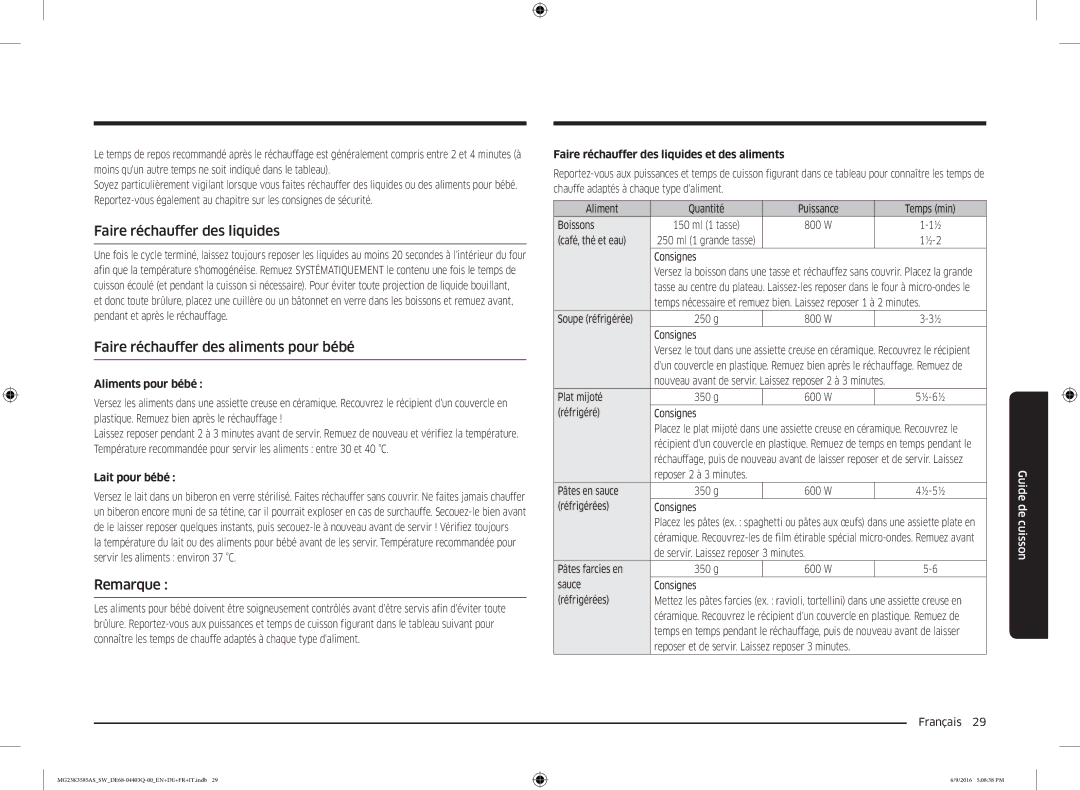 Samsung MG23K3585AS/SW manual Faire réchauffer des liquides, Faire réchauffer des aliments pour bébé, Remarque 