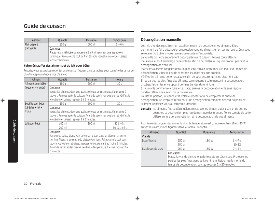 Samsung MG23K3585AS/SW manual Décongélation manuelle, Faire réchauffer des aliments et du lait pour bébé 