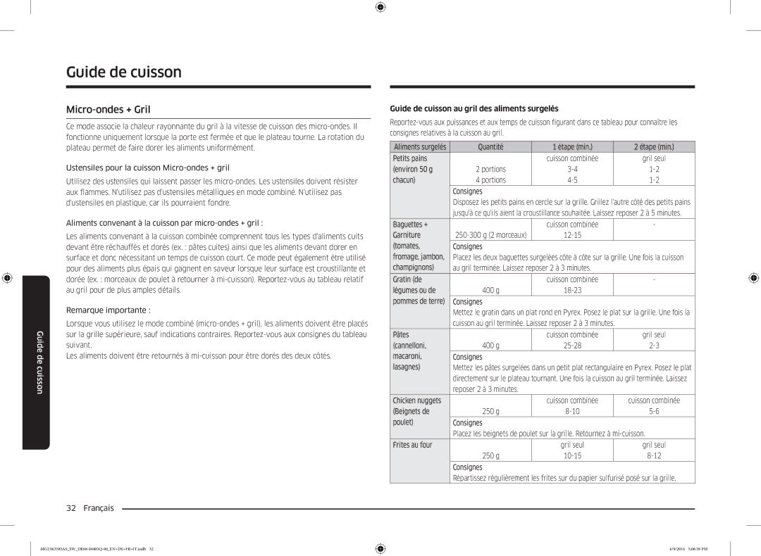 Samsung MG23K3585AS/SW manual Micro-ondes + Gril, Guide de cuisson au gril des aliments surgelés 