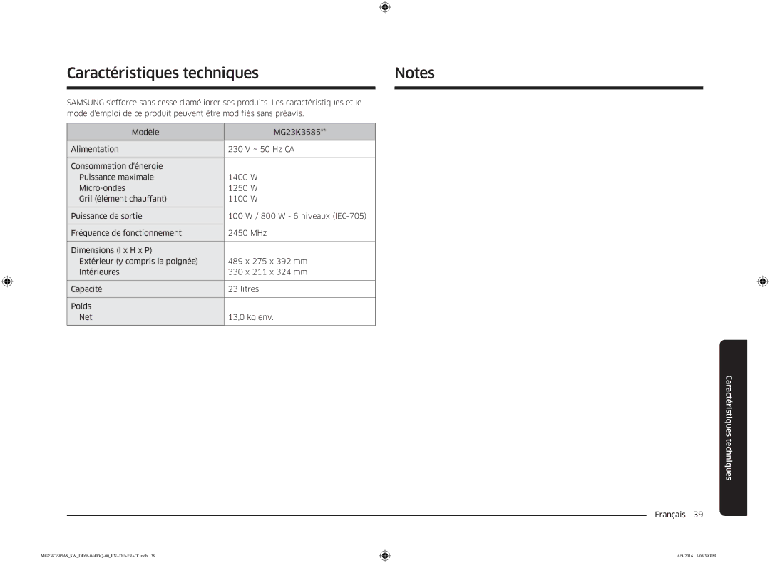 Samsung MG23K3585AS/SW manual Caractéristiques techniques 