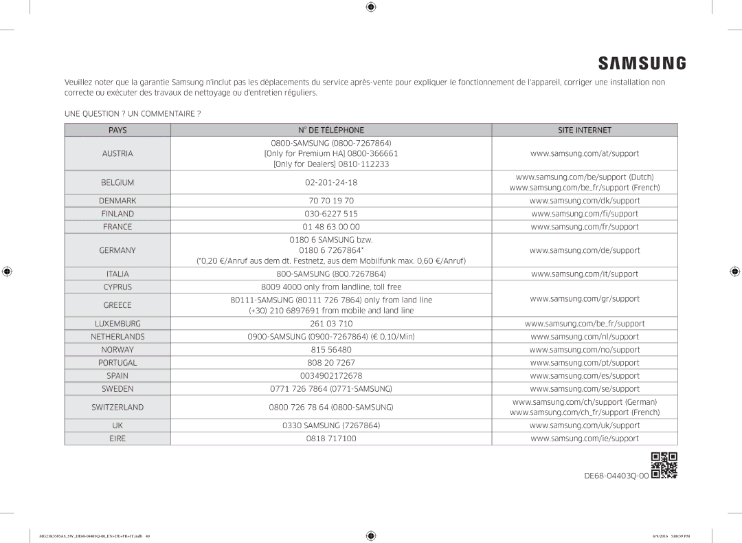 Samsung MG23K3585AS/SW manual Belgium 