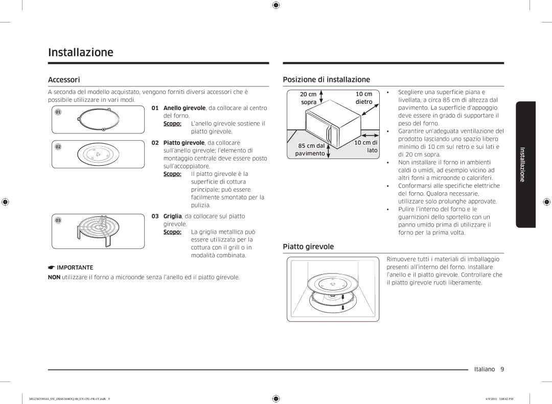 Samsung MG23K3585AS/SW manual Installazione, Accessori, Posizione di installazione, Piatto girevole 