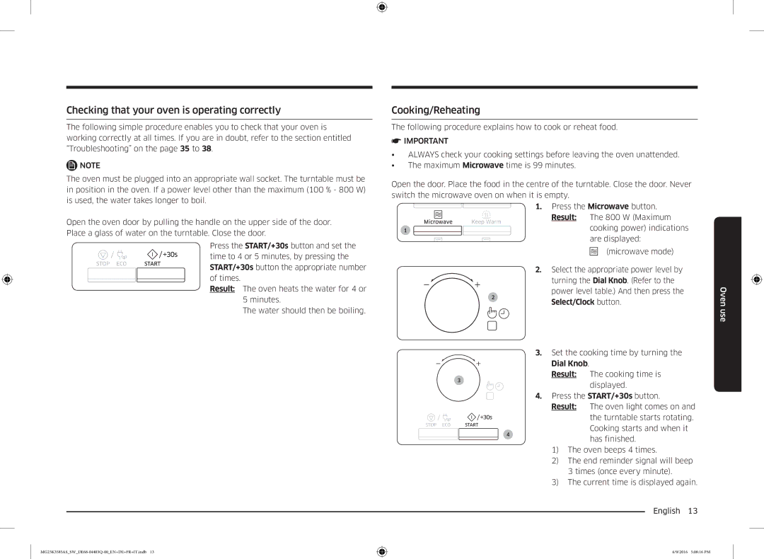 Samsung MG23K3585AS/SW manual Checking that your oven is operating correctly, Cooking/Reheating, Dial Knob Result 