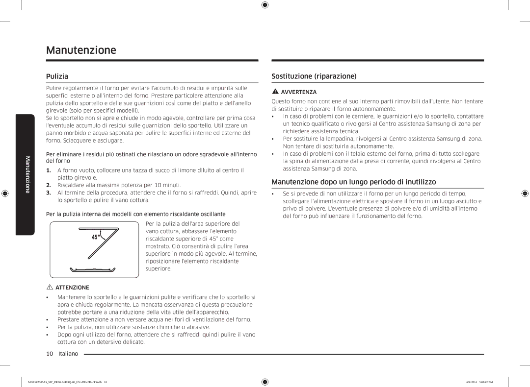 Samsung MG23K3585AS/SW manual Pulizia, Sostituzione riparazione, Manutenzione dopo un lungo periodo di inutilizzo 