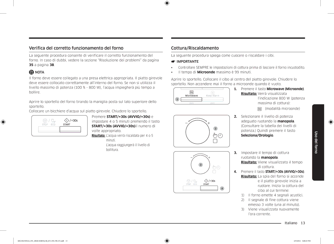 Samsung MG23K3585AS/SW manual Verifica del corretto funzionamento del forno, Cottura/Riscaldamento, Seleziona/Orologio 