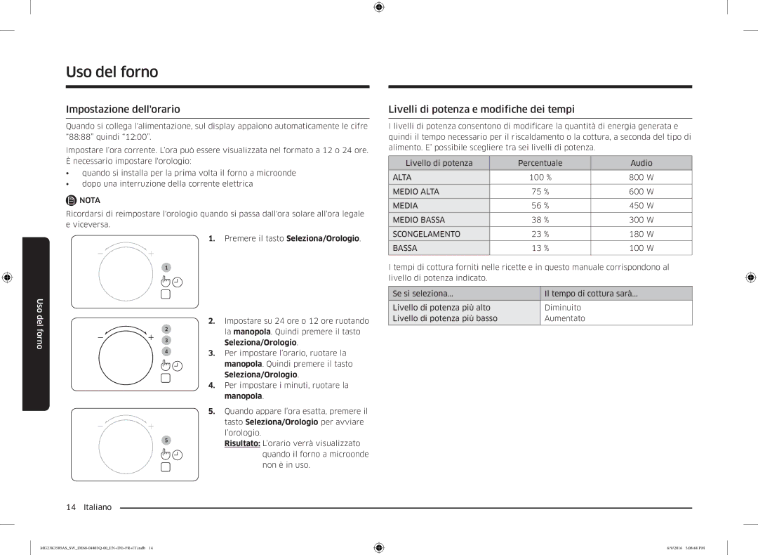 Samsung MG23K3585AS/SW manual Impostazione dellorario, Livelli di potenza e modifiche dei tempi 