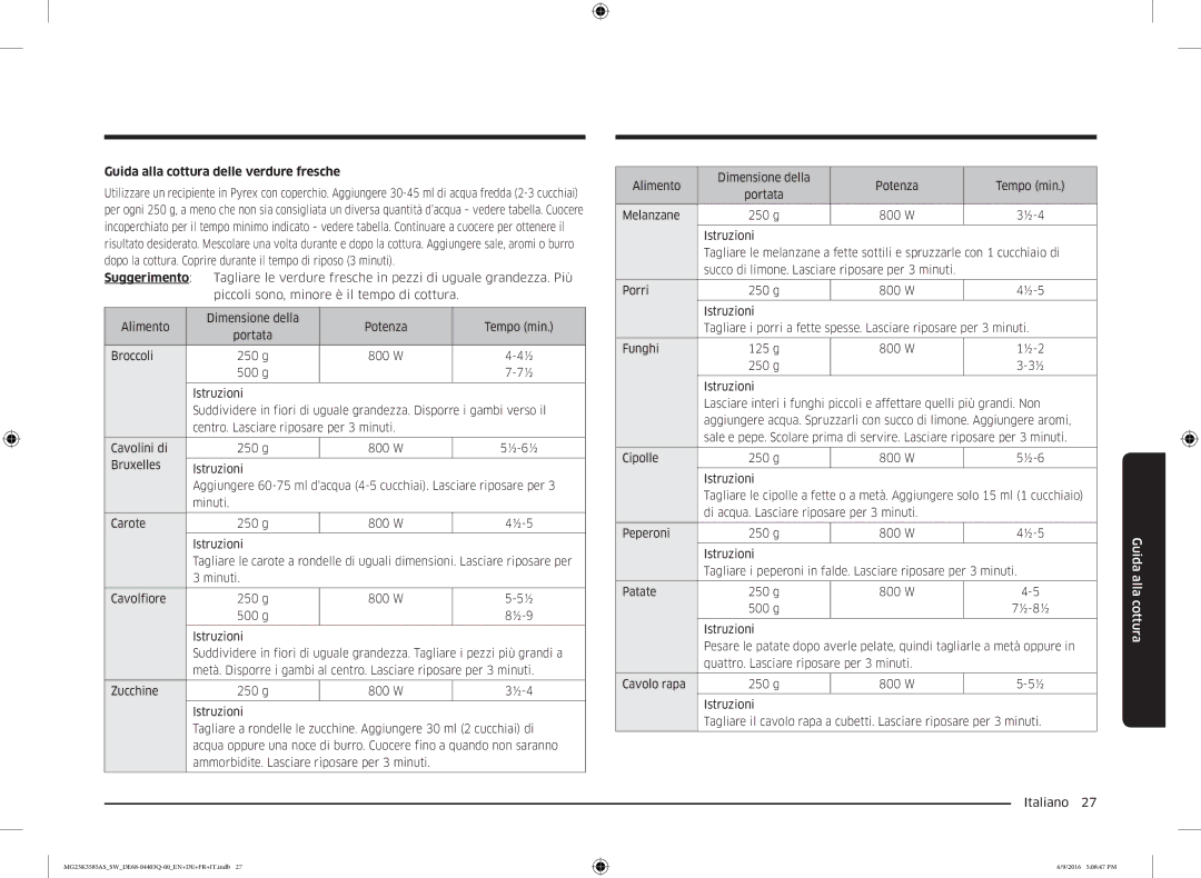 Samsung MG23K3585AS/SW manual Guida alla cottura delle verdure fresche 