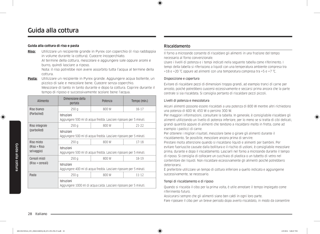 Samsung MG23K3585AS/SW manual Riscaldamento, Guida alla cottura di riso e pasta 