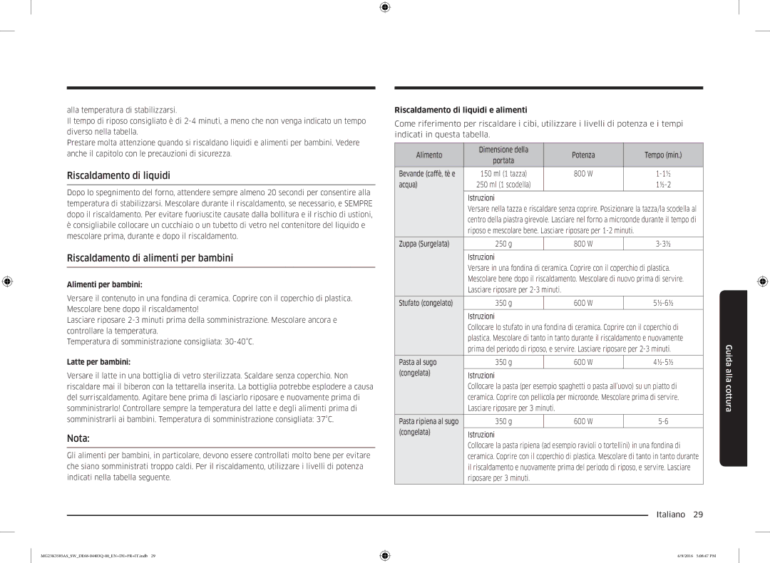 Samsung MG23K3585AS/SW manual Riscaldamento di liquidi, Riscaldamento di alimenti per bambini, Nota 