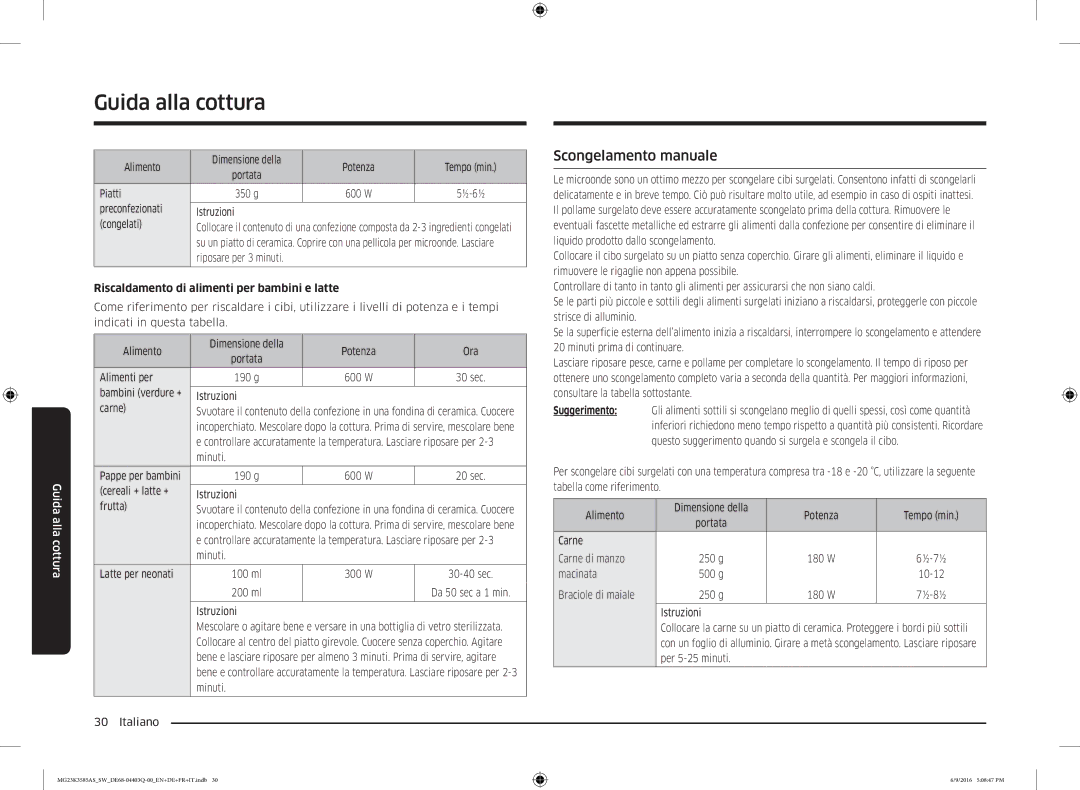 Samsung MG23K3585AS/SW Scongelamento manuale, Riscaldamento di alimenti per bambini e latte 