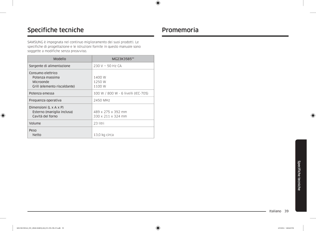 Samsung MG23K3585AS/SW manual Specifiche tecniche Promemoria 