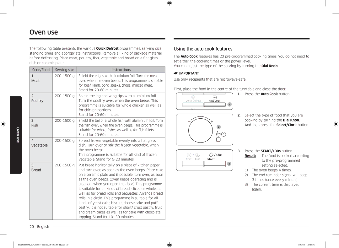 Samsung MG23K3585AS/SW manual Using the auto cook features, For beef, lamb, pork, steaks, chops, minced meat 