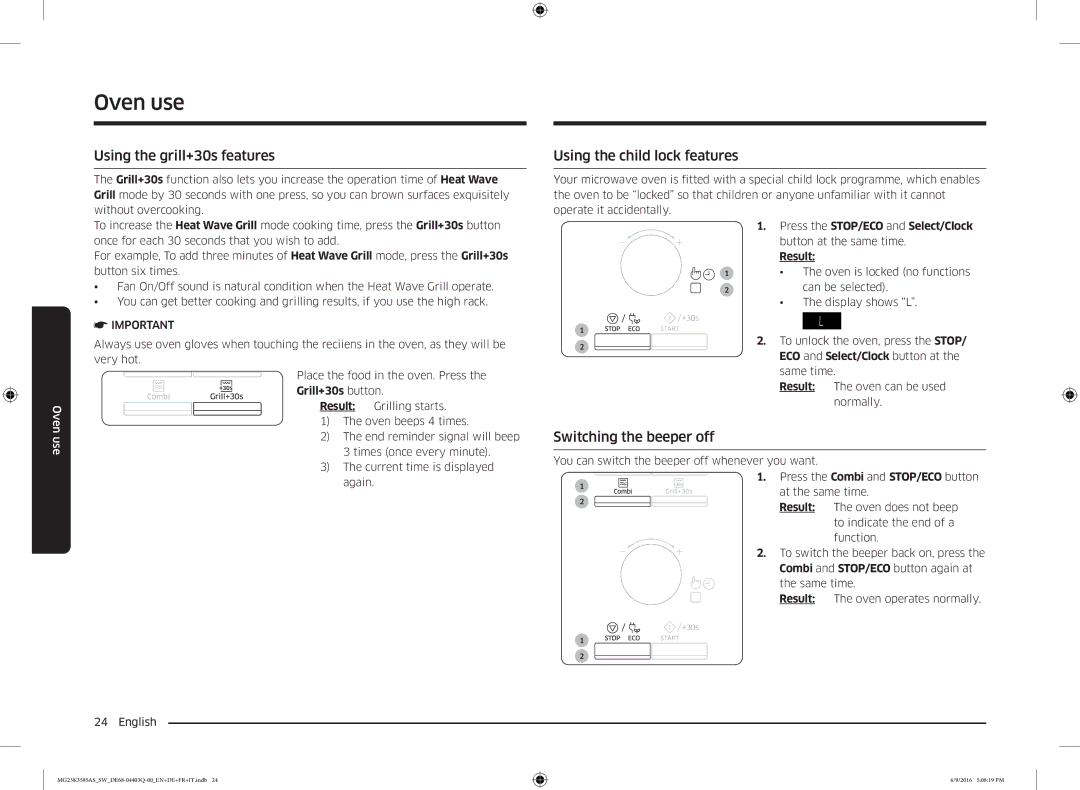 Samsung MG23K3585AS/SW manual Using the grill+30s features, Using the child lock features, Switching the beeper off 