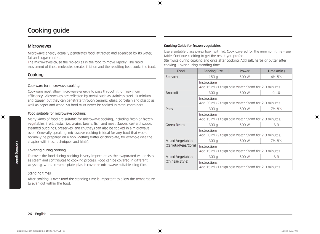 Samsung MG23K3585AS/SW manual Cooking guide, Microwaves, Cooking Guide for frozen vegetables 